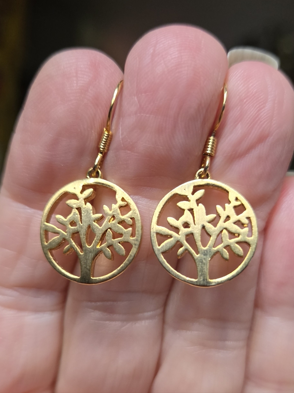 Tree of Life 24k Gold Drop Earrings 1/2" - Picture 4 of 7